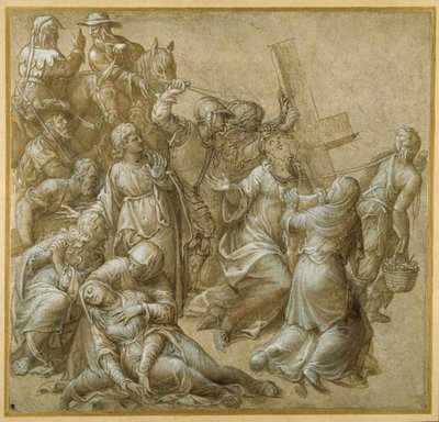 Kristus, der bærer sit kors, møder St Veronica (pen og brunt blæk med forhøjning) af Lavinia (attr. to) Fontana