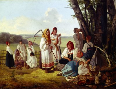 Hvil ved høsttiden. En gruppe bønder i traditionel dragt spiser og slukker tørsten med deres børn i skyggen af ​​træerne. Maleri af Lavr Kuzmich Plakhov (1810-1881), olie på lærred, omkring 1840. Russisk kunst af Lavr Kuzmich Plakhov