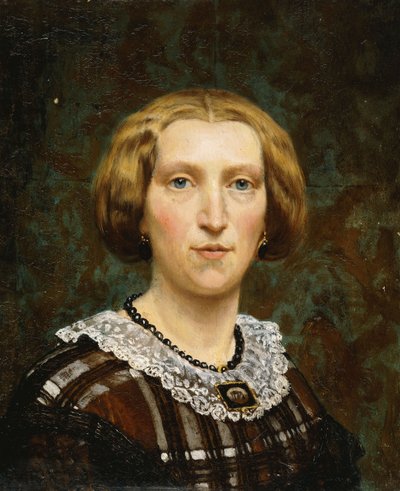 Portræt af Sientje Tadema, lille brystlængde, i brun og hvid kjole og sort sjal, 1860 af Lawrence Alma Tadema