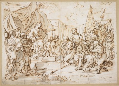 Joseph and His Brethren, 1. Mosebog 41 (pen, brun blæk og blå grå vask over sort kridt på papir) af Lazzaro Baldi
