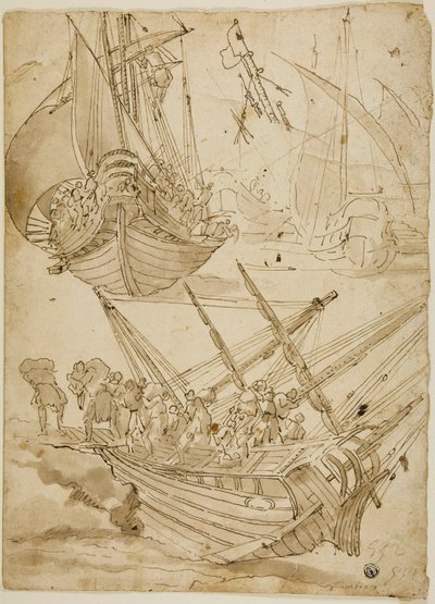 Crew Abandoning Ship (recto) Skitser af korintiske søjler (verso) af Lazzaro Tavarone