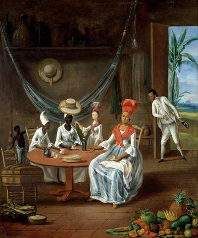 En mulattkvinde med sin hvide datter besøgt af sorte kvinder i deres hus på Martinique, 1775 af Le Masurier