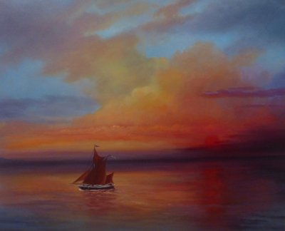Red Sails - Thames Barge på fuld sejl, 2022 (olie på lærred) af Lee Campbell