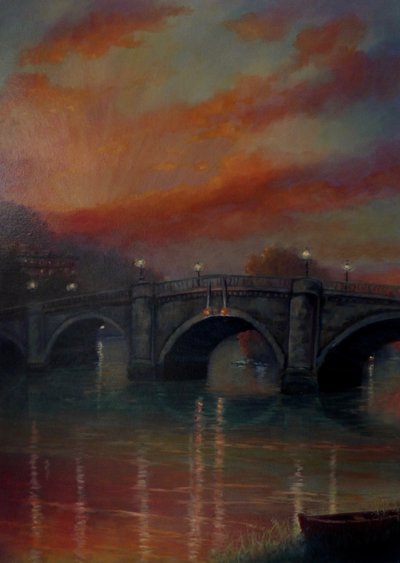Richmond Bridge Sunset, 2022 (olie på lærred) af Lee Campbell