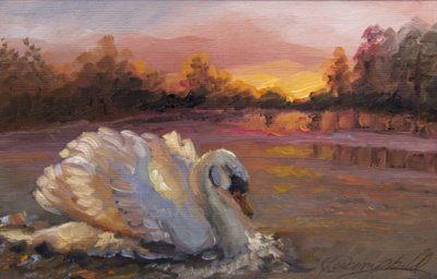 Swan at Sunrise, 2016, (olie på papir) af Lee Campbell