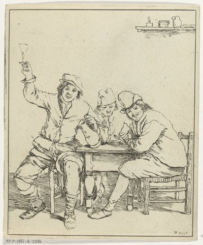 Tre mænd ved bordet ryger og drikker af Leendert Brasser
