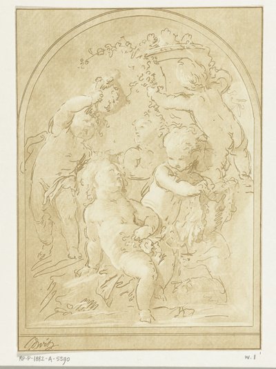Fem putti med blomster og guirlander ved vase af Leendert Brasser