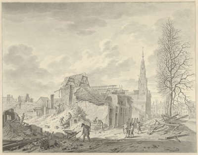 Udsigt over Rapenburg i Leiden efter krudtkatastrofen den 12. januar 1807 af Leendert Overbeek