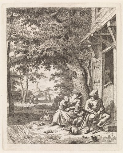 Familie med hund, der sidder foran et hus Landskaber med figurer (serietitel) af Leendert Overbeek