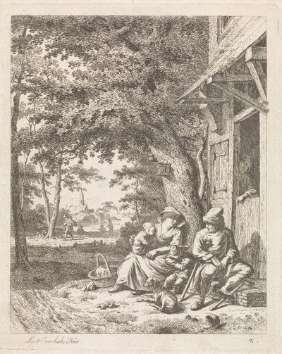 Familie med hund, der sidder foran et hus Landskaber med figurer (serietitel) af Leendert Overbeek