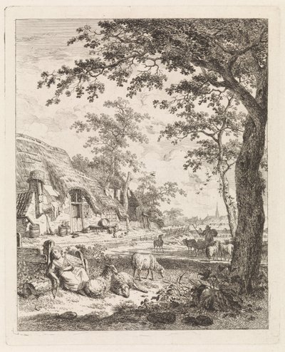 Hyrdinde med får foran en gård Landskaber med figurer (serietitel) af Leendert Overbeek