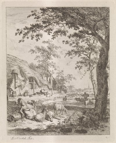 Hyrdinde med får foran en gård Landskaber med figurer (serietitel) af Leendert Overbeek
