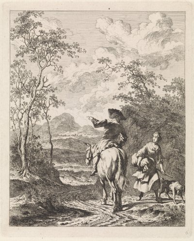 Rytter spørger om vej til en pige med en hund Landskaber med figurer (serietitel) af Leendert Overbeek