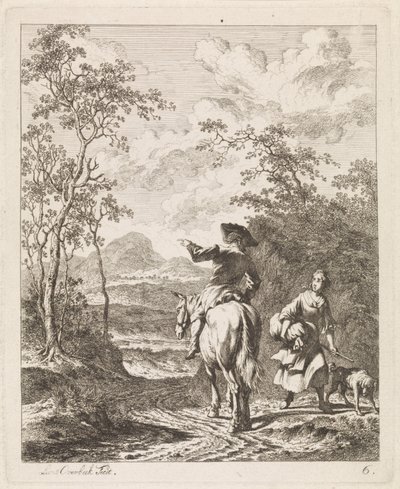 Rytter spørger om vej til en pige med en hund Landskaber med figurer (serietitel) af Leendert Overbeek