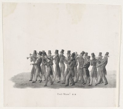 Musikere i optoget af Leiden-studenter, 1835 Hej Muse! (titel på objekt) De enkelte forestillinger, som de opstigninger afholdes af H.H. Elever fra Leidsche Hoogeschool den 9. februar: 1835, lukket (serietitel på objekt) af Leendert Springer (I)