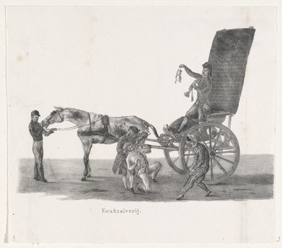 Sjees med en kvaksalver, 1835 Kvaksalveri (titel på objekt) De enkelte forestillinger, som de opstigninger afholdes af H.H. Elever fra Leidsche Hoogeschool den 9. februar: 1835, lukket (serietitel på objekt) af Leendert Springer (I)