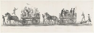 Fem fakulteter og en offentlig forfremmelse, 1835 Symbolsk repræsentation af de fem fakulteter / Offentlig fremme (titel på objekt) De enkelte forestillinger, som de opstigninger afholdes af H.H. Elever fra Leidsche Hoogeschool den 9. februar: 1 af Leendert Springer (I)