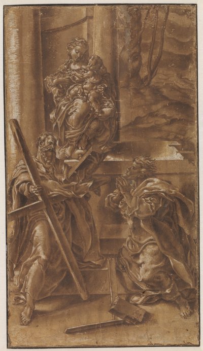 Madonna med barnet samt apostlen Andreas (t.v.) og den hellige Judas (t.h.) af Lelio Orsi