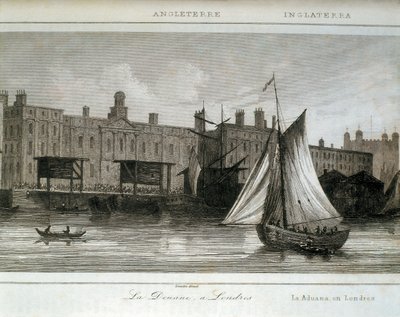London Customs på Themsen, England (gravering) af Lemaitre