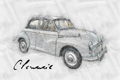 Tegning af en klassisk bil af Lembayung senja studio [Vintage Poster]