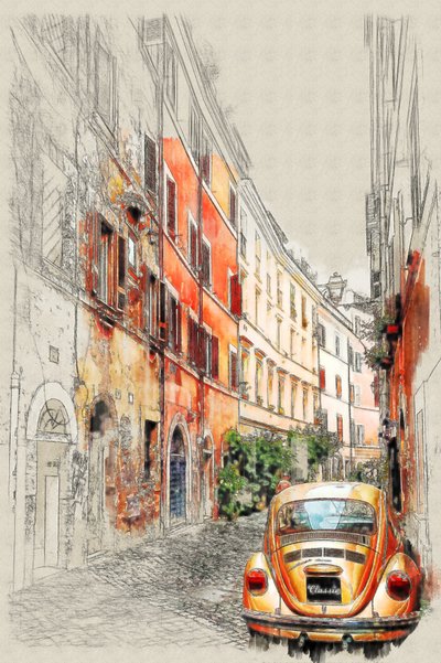 Tegning af Vintage Car City af Lembayung senja studio [Vintage Poster]