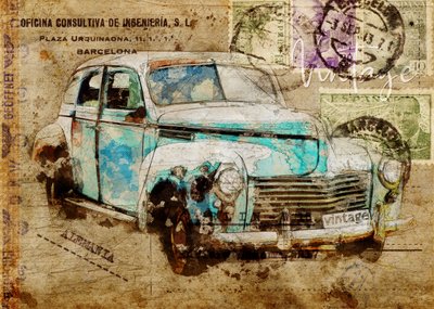 Vintage rejsebil af Lembayung senja studio [Vintage Poster]
