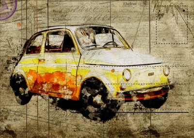 Vintage gul Fiat 500 af Lembayung senja studio [Vintage Poster]