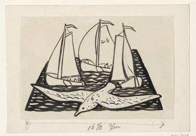 Tre sejlskibe og en måge af Leo Gestel (signed by artist)