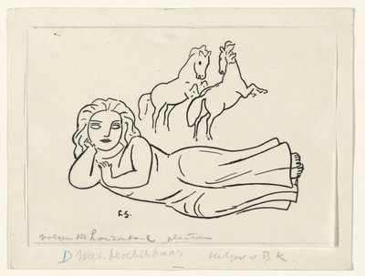 Tilbagelænet kvinde med to heste af Leo Gestel (signed by artist)