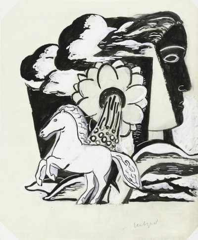 Opdræt af hest, blomst og hoved (skitse) af Leo Gestel (signed by artist)