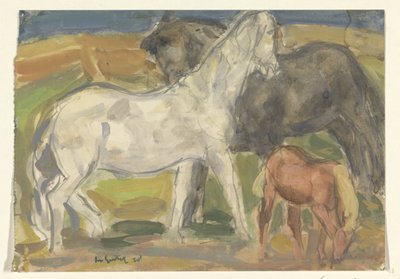 To heste og et føl i et landskab af Leo Gestel (signed by artist)