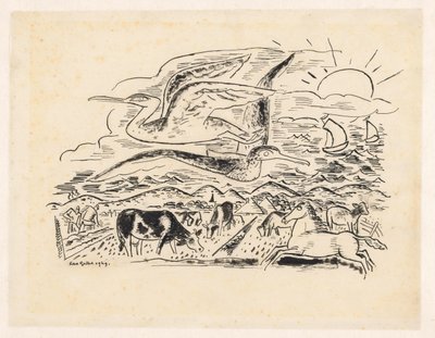 To fugle flyver over et landskab med kvæg af Leo Gestel (signed by artist)