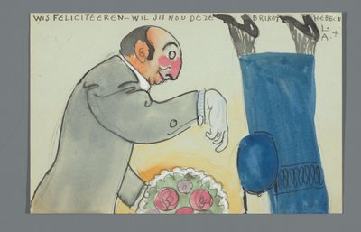 Postkarte mit einer Zeichnung des Unterkörpers von An Overtoom und Oberkörpers von Leo Gestel mit Blumenstrauß af Leo Gestel