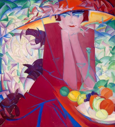 Dame med stor hat i et sommerhus. 1913 af Leo Gestel