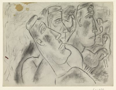 Tre bønder på en eng med heste af Leo Gestel