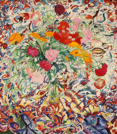 Blomster foran et blomstret klæde af Leo Gestel