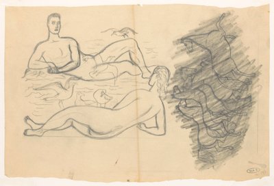 Nøgen mand og kvinde på stranden, omgivet af måger af Leo Gestel