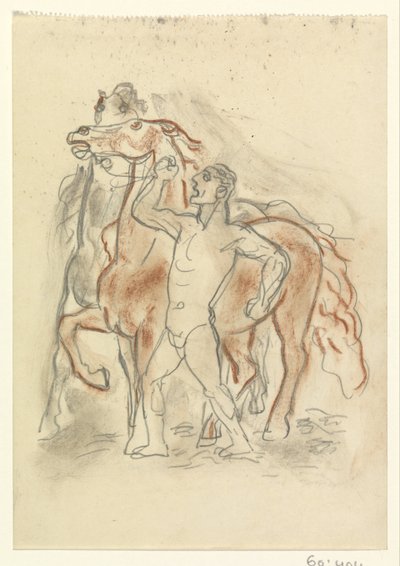 Nøgen mand holder to heste i skak af Leo Gestel