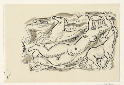 Nøgen kvinde og to heste i havet af Leo Gestel