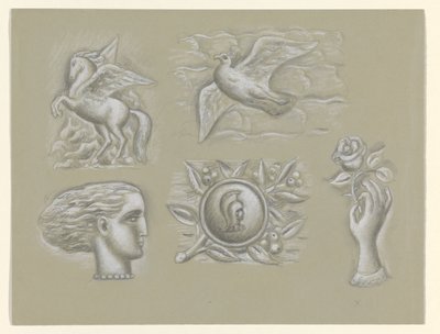 Pegasus, due, kvindehoved, våben og hånd med rose af Leo Gestel