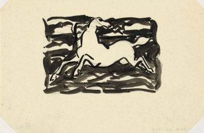 Hest hopper med hovedet vendt tilbage i en ramme med bølger i baggrunden. Unavngivet hest af Leo Gestel