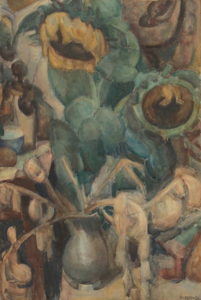 Stilleben med solsikker i en vase af Leo Gestel