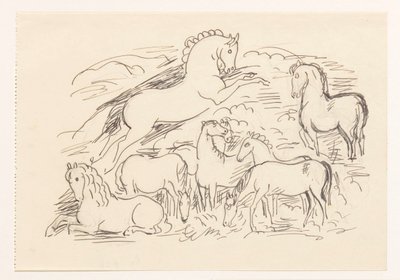 Studieark med otte heste af Leo Gestel