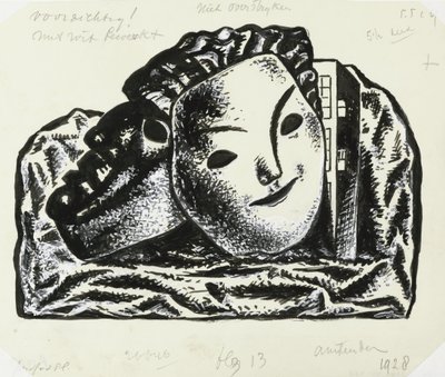 To masker til bygning og sten (skitse) af Leo Gestel
