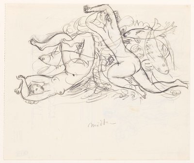 To nøgne kvinder og tre fisk af Leo Gestel