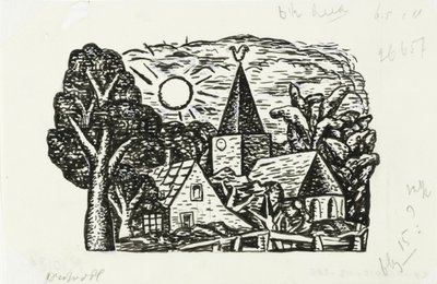Vignette til Gestels biografi af prof. W. van der Pluym Uden titel (Landsbyudsigt med kirke og sol, vignet til biografi om Gestel af prof. W. van der Pluym) af Leo Gestel