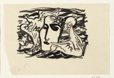 Kvindehoved og måger med havet i baggrunden af Leo Gestel