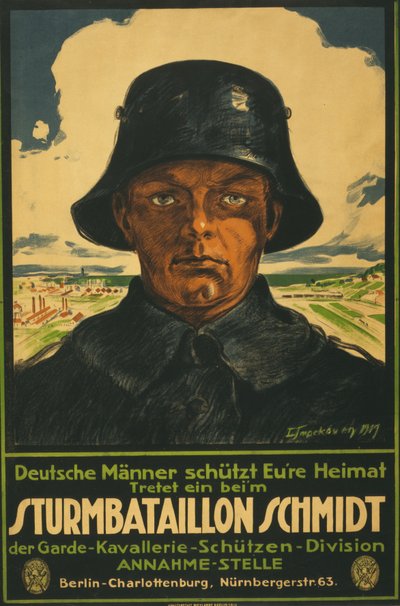 Overfaldsbataljon Schmidt; Tyske mænd ryster dit hjemland! 1919 (farvelitografi) af Leo Impekoven