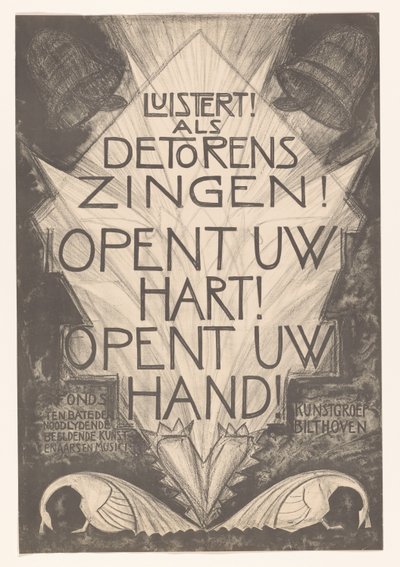 Plakat for nødstedte kunstnere og musikere lytter! Når tårnene synger! Åben dit hjerte! Åbn din hånd! (titel på objekt) af Leo Visser