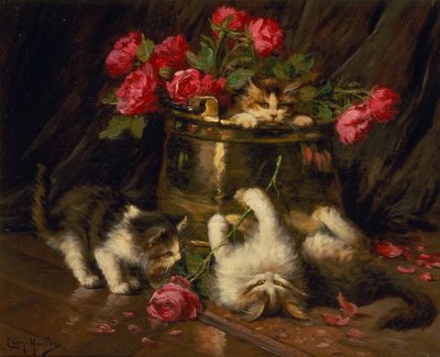 Legefulde killinger (olie på lærred) af Leon Charles Huber